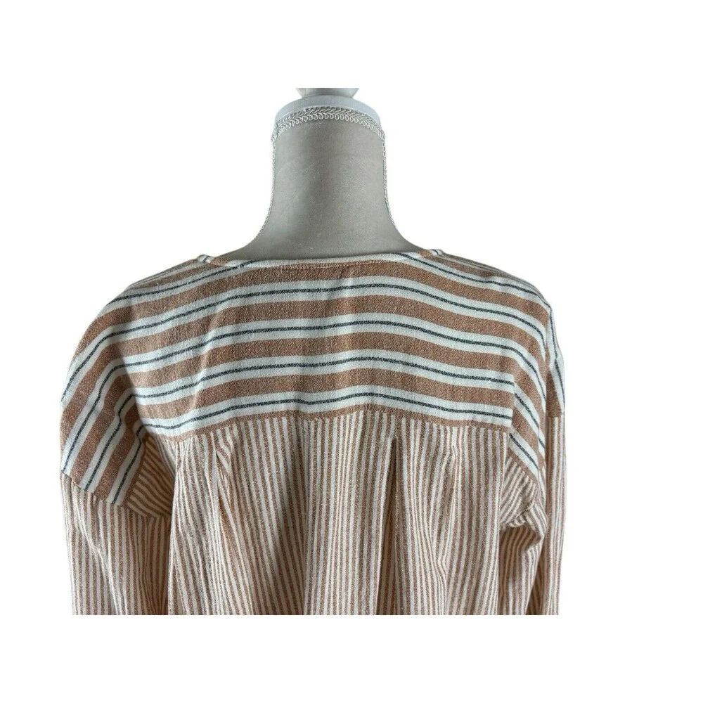 Free People Cotton Linen Blend Cardigan Duster Women's XS Brown White Stripes